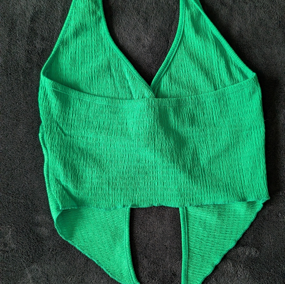 Resortwear Summer Vacation Coord Set Midi Skirt Halter Top Smocked Crop Green M - Picture 7 of 13